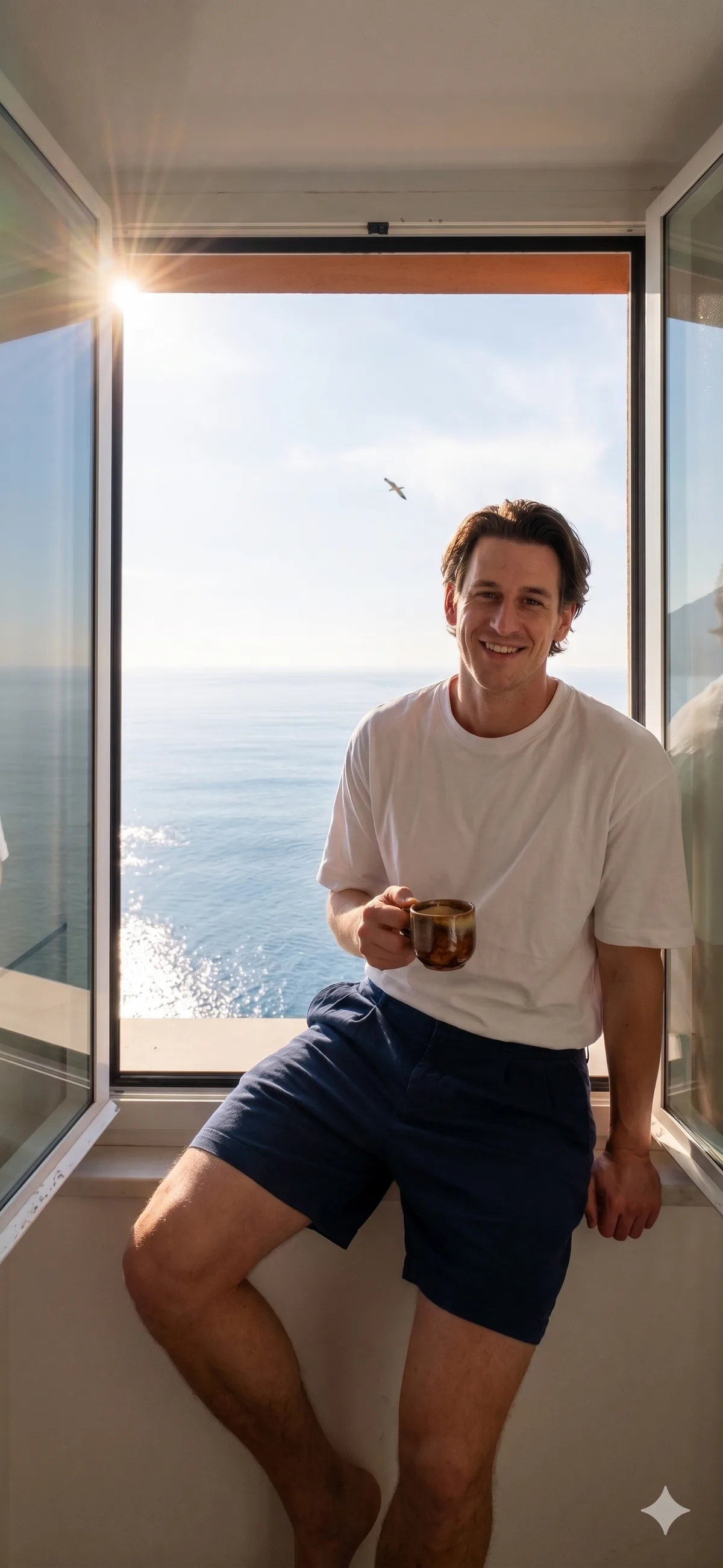 Joscha mit Kaffeetasse am Fenster